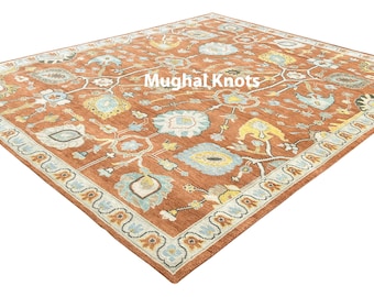 Hand-Knotted Rust Oushak Rug - Large Wool Area Rug for Living Room - Floral Transitional Turkish Style Carpet - Handmade Terracotta Rug