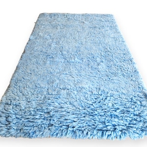 Sky Blue Flokati Rug Hand Woven Wool Berber Rug Soft Plush Bohemian Area Carpet Inspired by Restoration Hardware