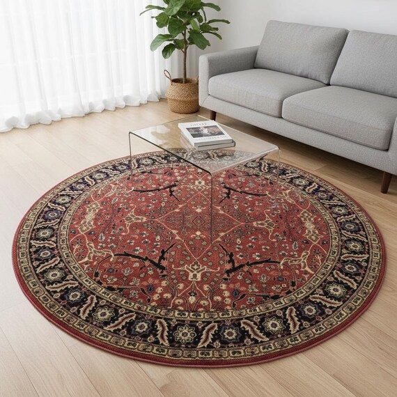 Handgeknüpfter runder Perserteppich, roter und marineblauer Wollteppich, traditioneller floraler Medaillon-Kreisteppich, 6x6 8x8 handgefertigter Orientteppich