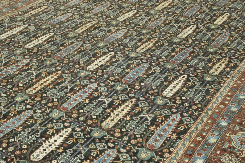 Charcoal Red Oriental Rug 9x12 Wool Rug for Living Room & Bedroom Decor