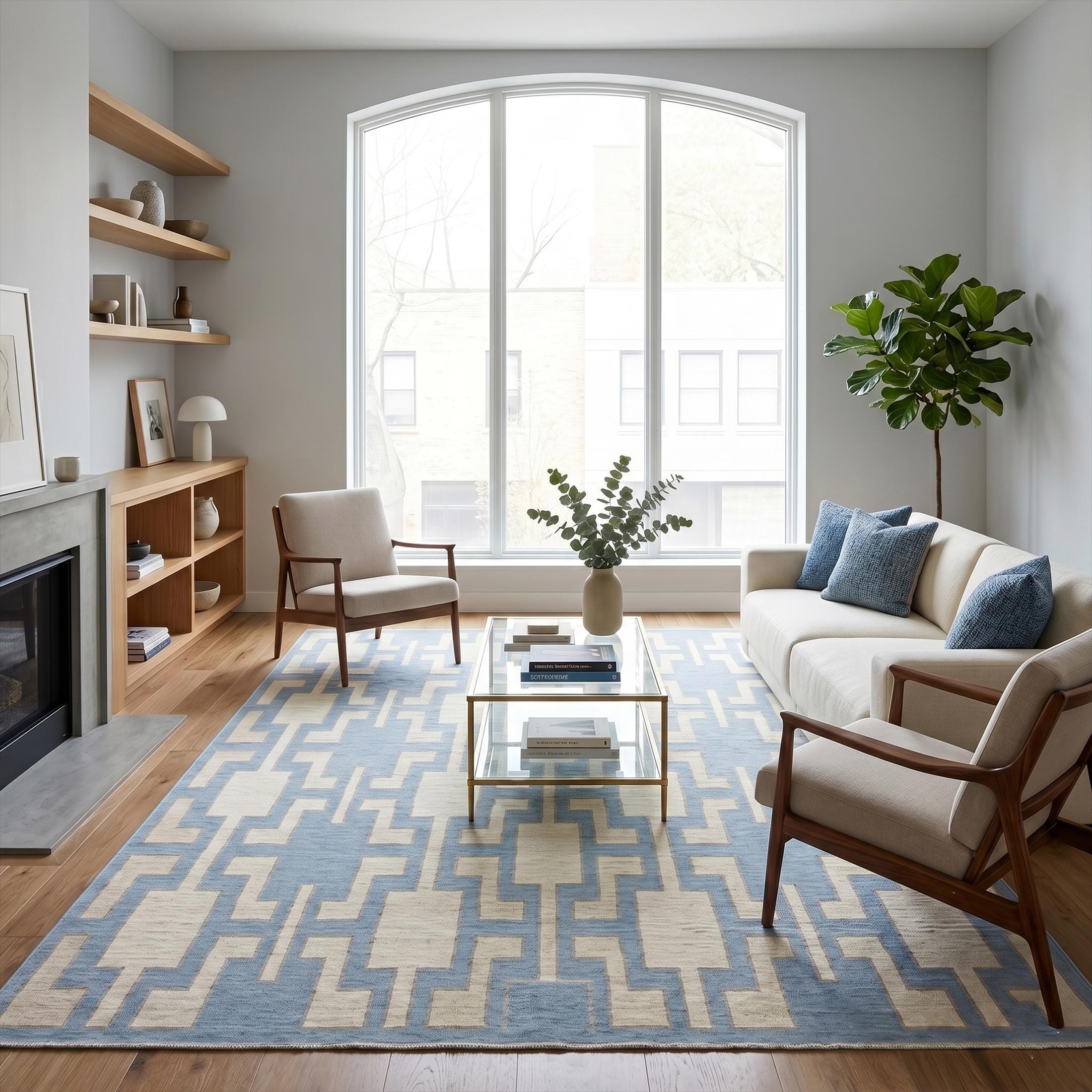 Cream Rug Key Design Modern Geometric Hand Knotted Rug, Blue and Cream Greek Key Wool Area ...
