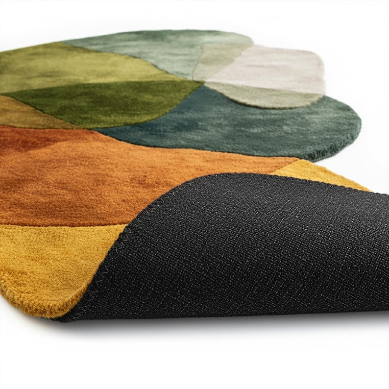 Irregular Shape Hand Tufted Wool Rug - Abstract Moss Green and Rust ...