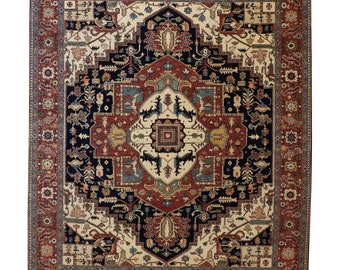 Hand Knotted Wool Rug, Traditional Serapi Heriz Area Rug, Navy Blue Rust Geometric Medallion Carpet, Large Living Room Rug.