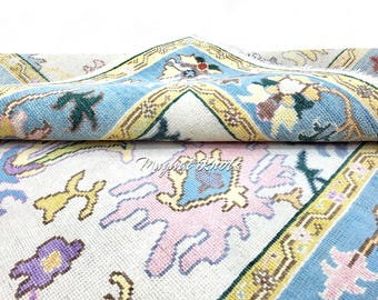 Oushak Rug 8x10 Handmade Silver Light Blue Floral Area Rug Vintage Turkish Carpet