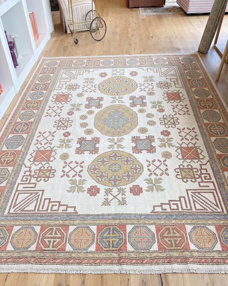 Cream Hand Knotted Rug, Vintage Turkish Geometric Area Rug, Rust Gold ...