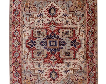 Hand Knotted Serapi Heriz Rug, Traditional Red Ivory Geometric Area Rug, Antique Style Wool Oriental Carpet, High-End Persian Design Rug .