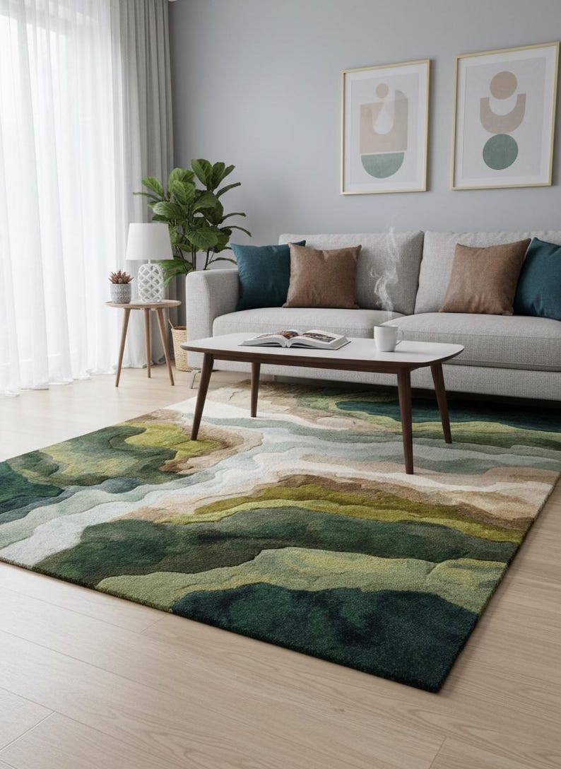 3D Moss Topographical Hand Tufted Rug - Green Forest Abstract Wool Rug ...