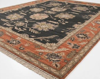 Vintage Persian Area Rug with Floral Pattern, Hand-Knotted Wool Carpet for Living Room, Boho Home Decor, 8X10 Feet