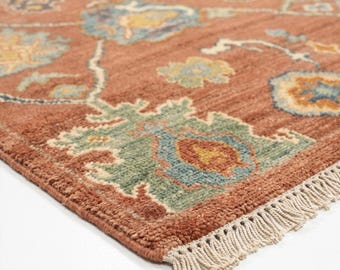 Dywan terakotowy, ręcznie tkany, tradycyjny wełniany dywan w kolorze rdzawego brązu, dywan Oushak w stylu vintage do salonu, orientalny dywan w stylu boho z motywem kwiatowym