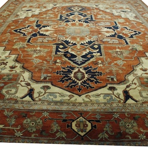 12x15 Hand Knotted Antique Heriz Rectangle Rug in Rust with Medallion Style for Living Room or Bedroom