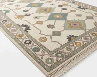 Dywan Oushak tkany ręcznie – kremowo-szałwiowy, plemienny, geometryczny wełniany dywan – nowoczesny dywan boho z diamentowym wzorem – stonowany pastelowy dywan do sypialni