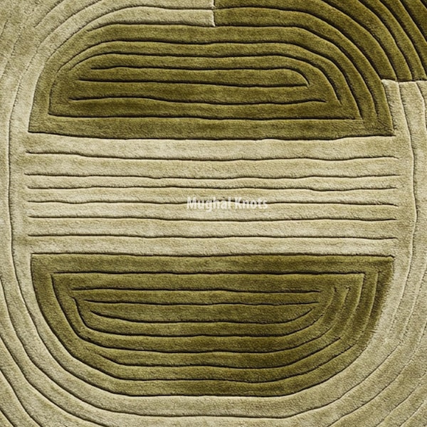 Abstract Irregular Hand Tufted Wool Rug, Olive Green Linear Pattern Area Rug, Modern Minimalist Wavy Carpet, Earthy Aesthetic Custom Decor