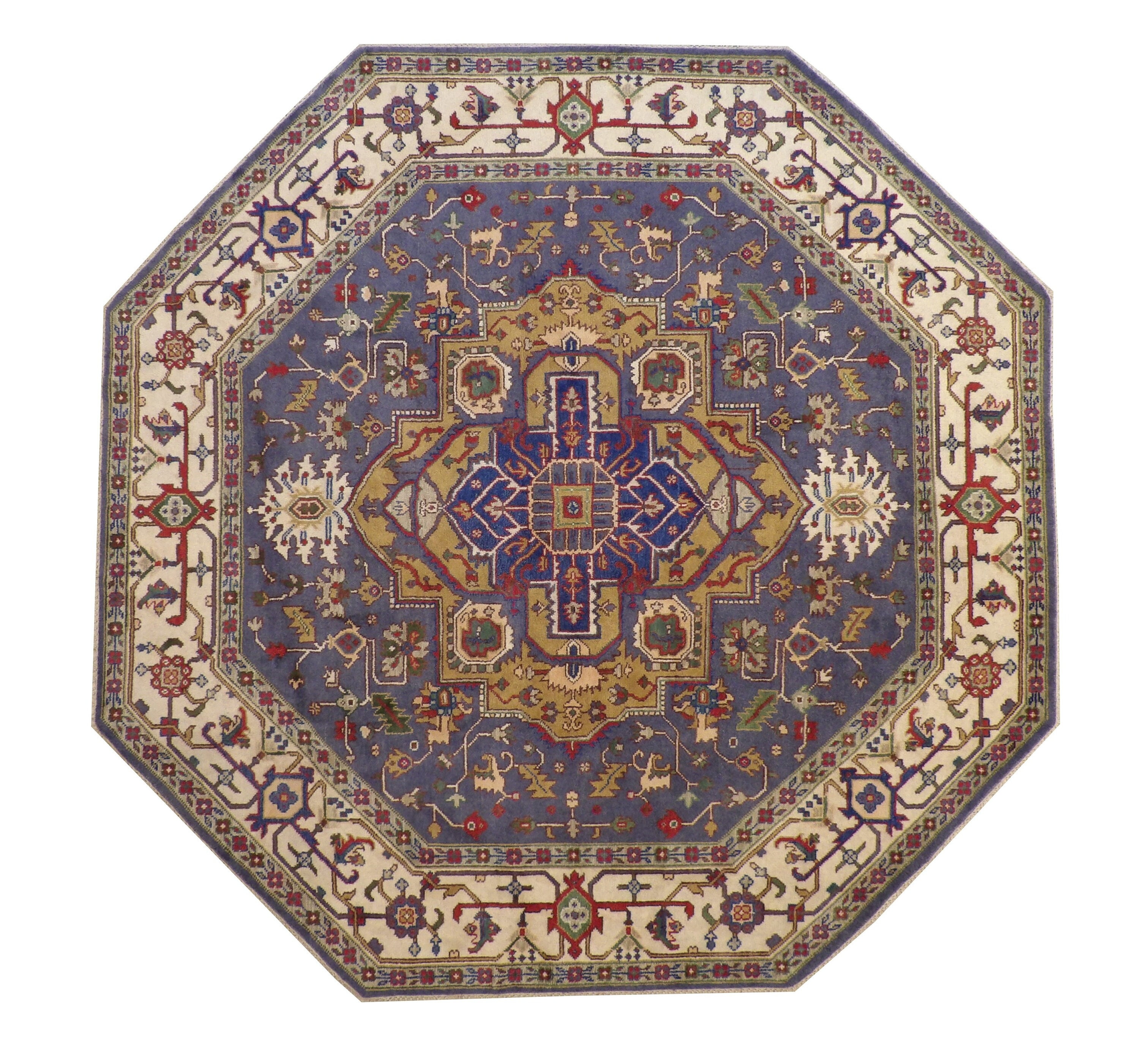 Hand Knotted Octagon Rug, Royal Blue & Gold Wool Area Rug, 8 Sided ...