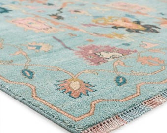 Jasnoniebieski dywan Oushak, ręcznie tkany wełniany dywan, pastelowy turkusowy dywan turecki, antyczny dywan 8x10, tradycyjny dywan boho do salonu