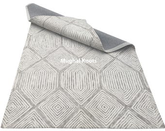Geometric Diamond Hand Tufted Rug - Neutral Ivory & Grey Textured Wool Rug - Modern Minimalist Area Rug for Dining Room - Scandi Style