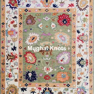 Tappeto in lana annodato a mano, 8x10, stile Oushak, colore pastello, morbido tappeto floreale verde e rosa, tappeto tradizionale Mughal annodato per soggiorno.