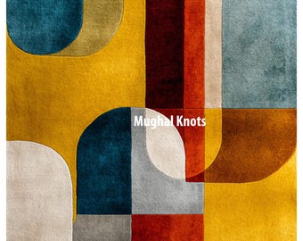Hand Tufted Wool Rug - Abstract Color Block Geometric Area Rug, Retro Mid Century Modern Decor, Custom Size Mustard & Teal Rug, Large Modern
