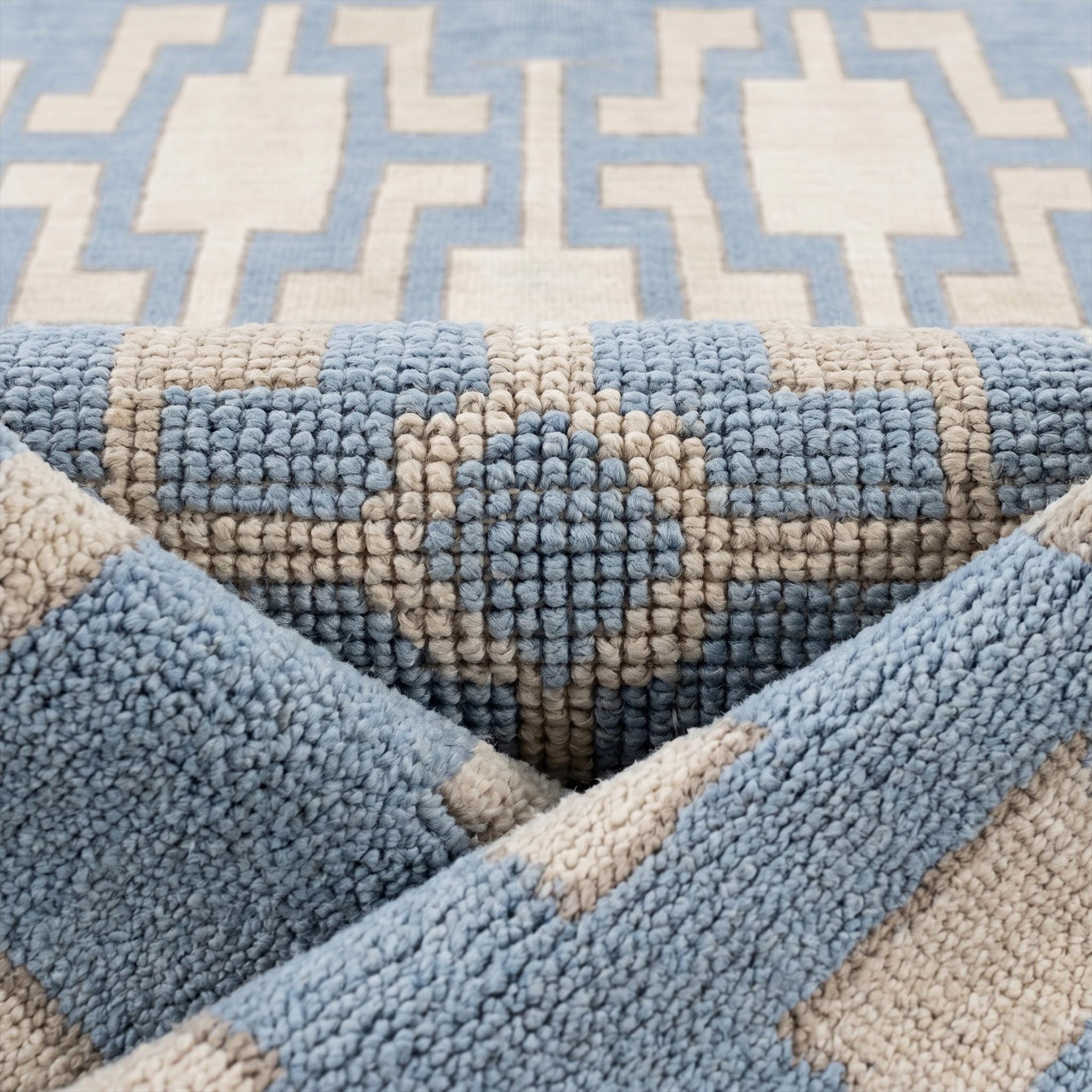 Cream Rug Key Design Modern Geometric Hand Knotted Rug, Blue and Cream Greek Key Wool Area ...