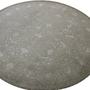 Wool Silk Hand Made Rug | Round Ivory Traditional Area Rug for Living Room & Bedroom Decor