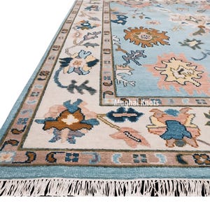 Handmade Sky Blue Oushak Area Rug 9x12 – Soft Vintage Turkish Wool Carpet for Living Room Bedroom Décor