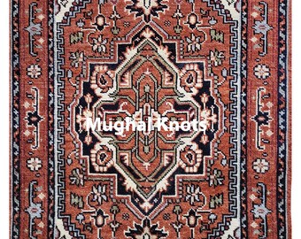 Handgeknüpfter Wollteppich, Geometrischer Kazak Medaillon Teppich für Wohnzimmer, Terrakotta Marine Stammes-Orientalischer Teppich.
