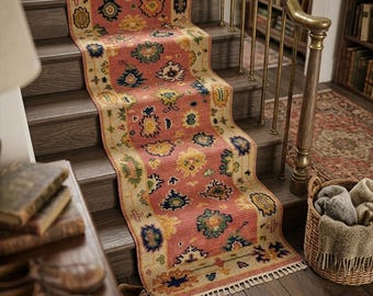 Różowy dywanik Oushak Runner, pastelowy dywanik do przedpokoju z kwiatowym wzorem, terakotowy dywanik kuchenny z wełny, dywan w stylu tureckim w stylu vintage, stonowany styl boho