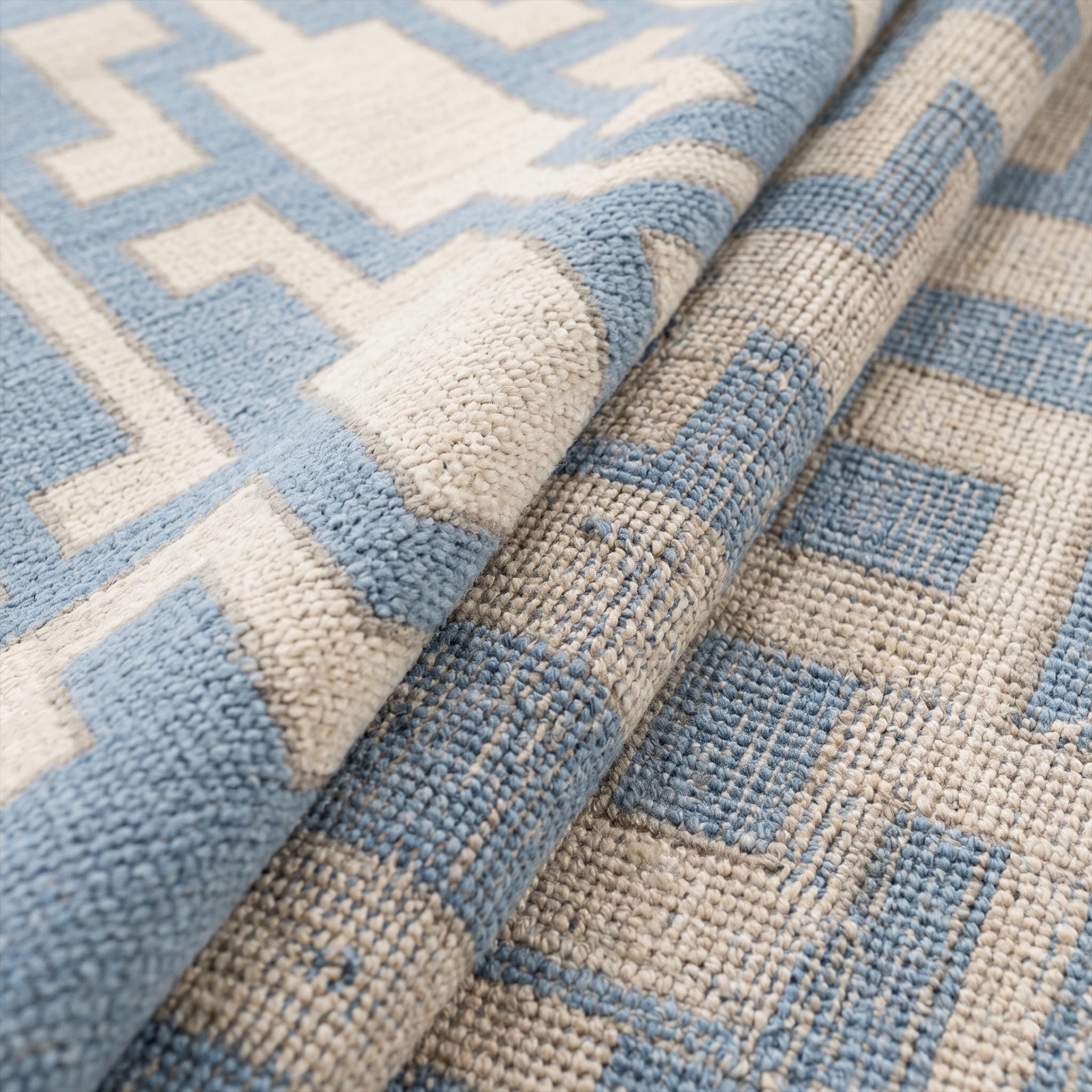 Cream Rug Key Design Modern Geometric Hand Knotted Rug, Blue and Cream Greek Key Wool Area ...