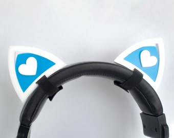 Cat Heart Ears for Headset Headphones (White and Blue)