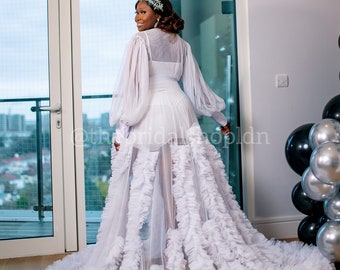 Bridal robe Long Bridal robe  wedding robe for brides bridal mesh robe  bridal robe tulle net robe bridal robe set bridal robe ruffle