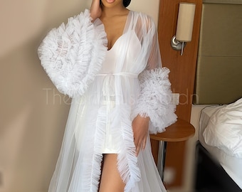 Bridal Robe white Wedding Robes For Bride Tulle Long Bridal Robe White Tulle Robes Bridal Robe With Train Bridal Robe Set