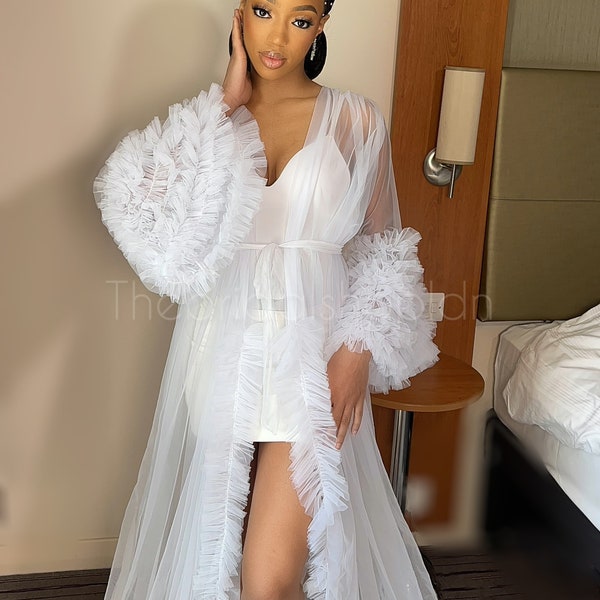 Bridal Robe Wedding Robes For Bride Tulle Long Bridal Robe White Tulle Robes Bridal Robe With Train Bridal Robe Set