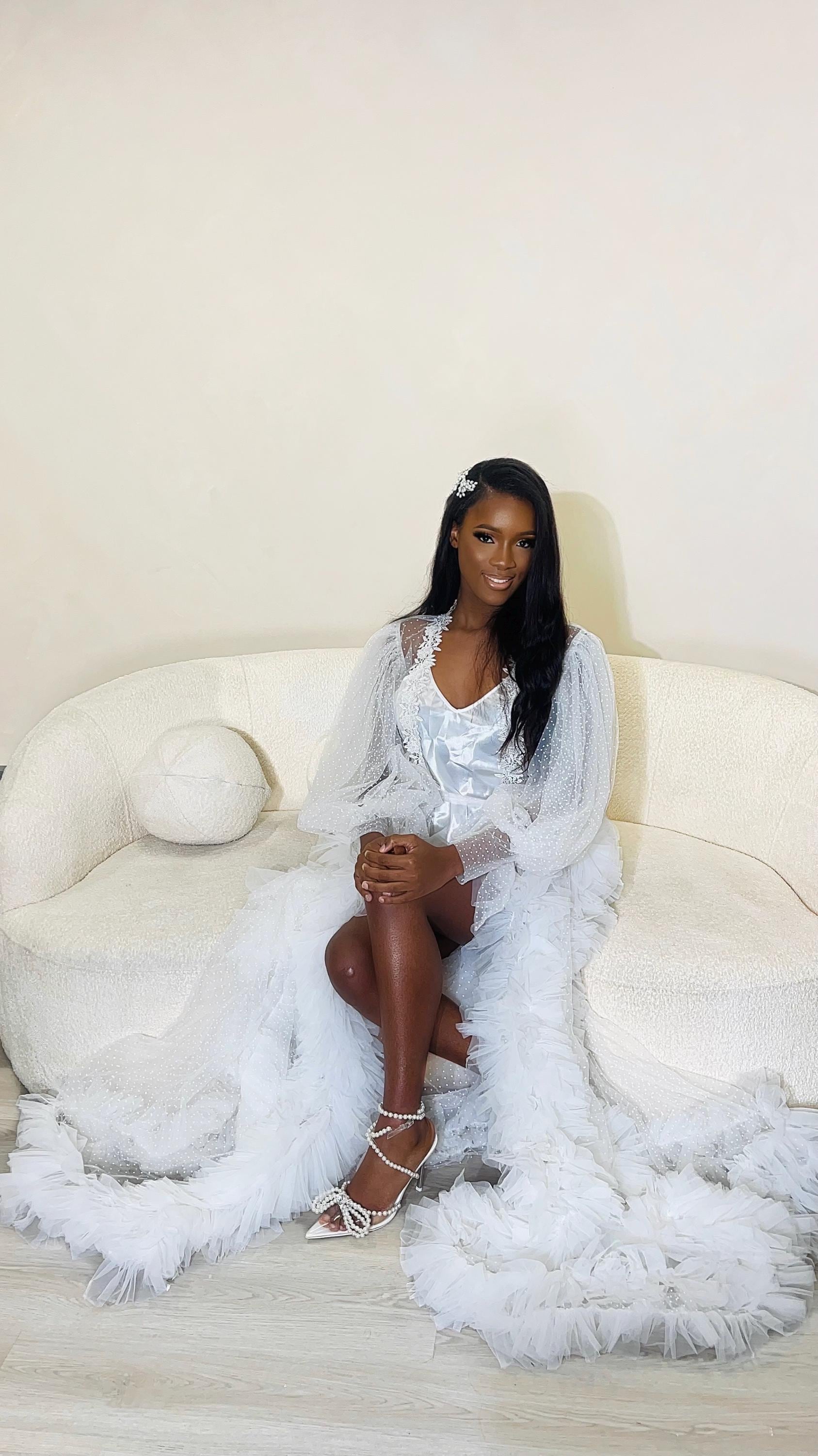 Luxury bridal robe  wedding  with comb  /  bridal robe  / tulle robe / bridal robe set / ruffle robe