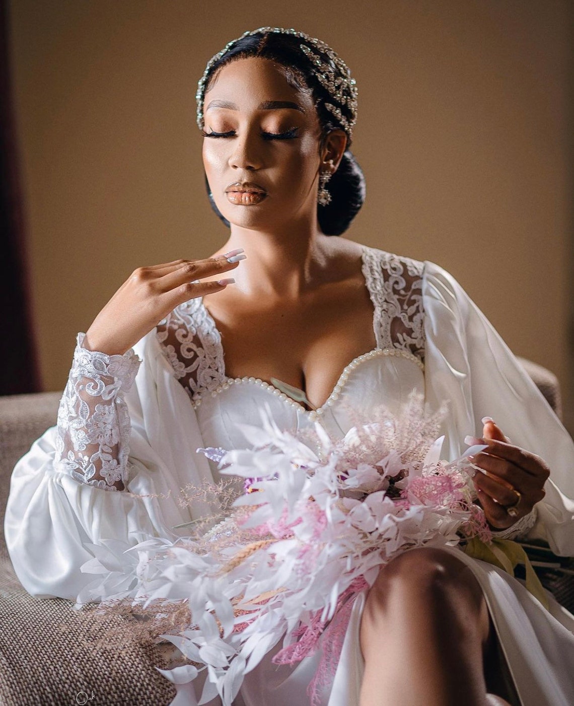 Luxurious Solid Colored Long Women's Bridal Robe with Lace Trim
