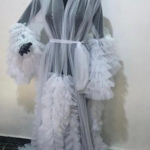 Luxury Jade Ruffle Tulle robe, bridal robe uk, wedding bridal robe, long bridal robe, bridal robe set, bridal robe pearl, tulle robe image 5