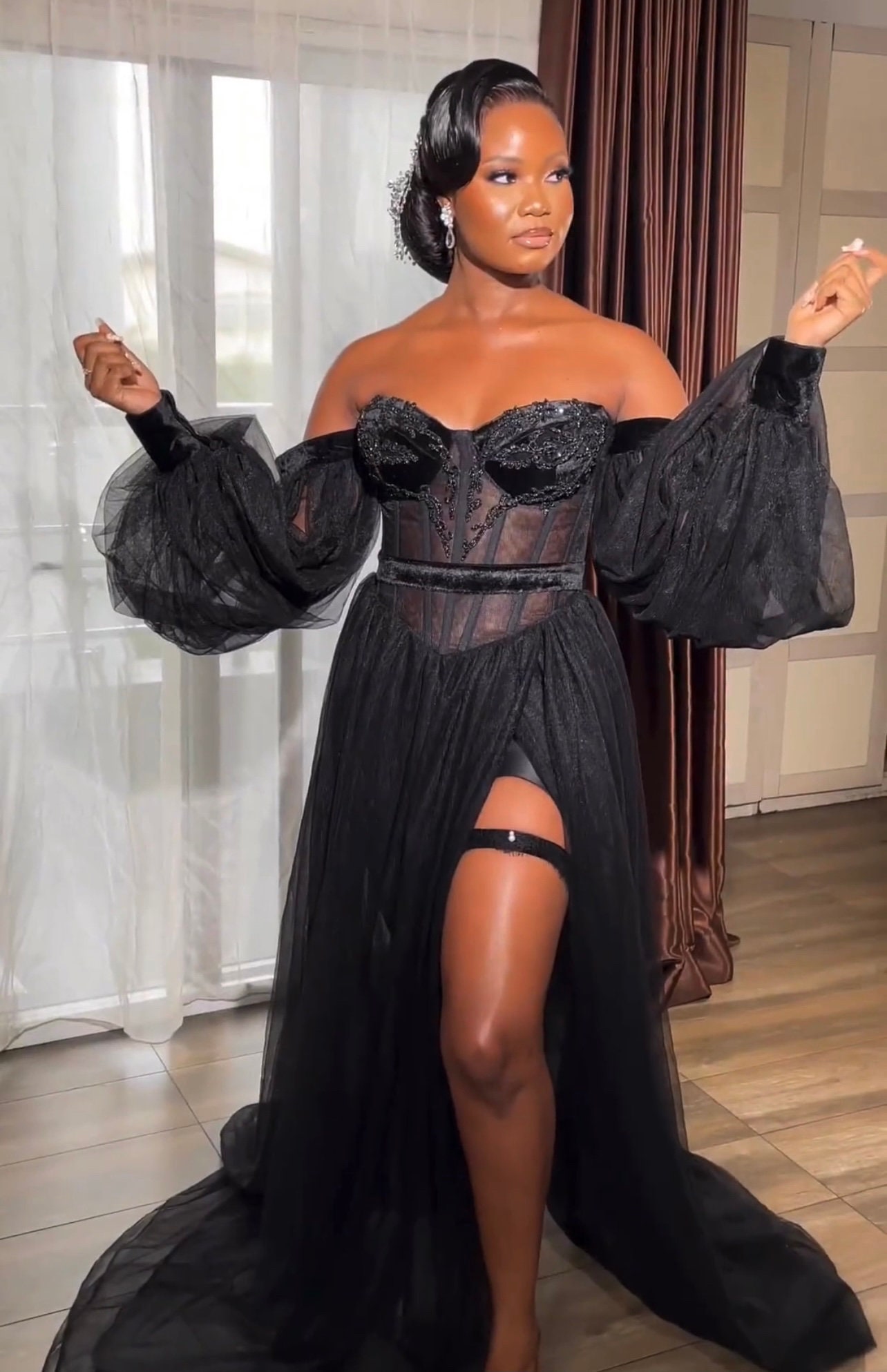 A-Line Off Shoulder Sequins Sheer Corset Tulle Dress Grape main image 1