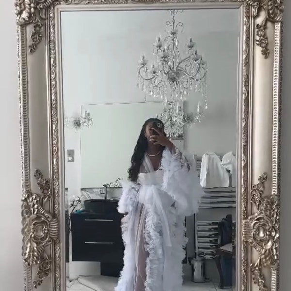 Luxury Jade Ruffle Tulle robe, bridal robe uk, wedding bridal robe,  long bridal robe, bridal robe set, bridal robe pearl, tulle robe