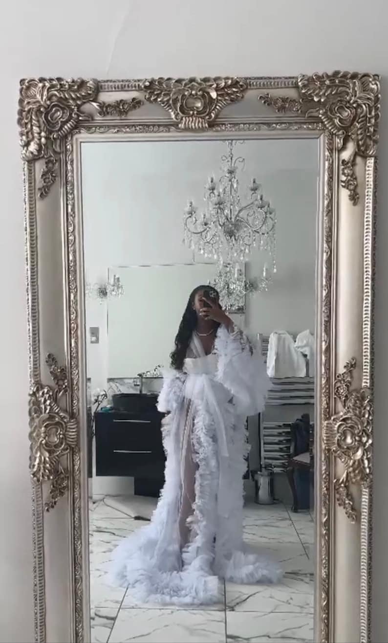 Luxury Jade Ruffle Tulle robe, bridal robe uk, wedding bridal robe, long bridal robe, bridal robe set, bridal robe pearl, tulle robe image 1