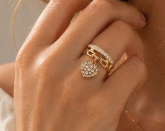 Adjustable Heart Charm Ring, Gold Plated CZ Ring, Dainty Heart Ring, Open Band Ring, Romantic Gift for Her, Valentine's Jewelry
