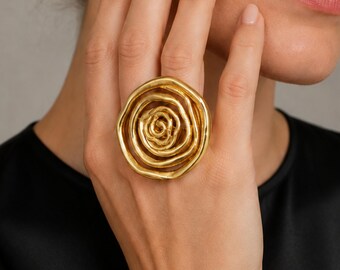 Gold Spiral Statement Ring, Adjustable Gold Tone Ring, Minimalist Swirl Ring, Modern Spiral Jewelry, Geometric Ring Gift for Her