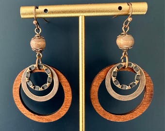 Boho Wooden Dangle Earrings: Geometric Rustic Statement Jewelry