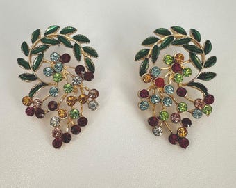 Gold Tone Botanical Earrings, Floral Rhinestone Earrings, Nature Inspired Leaf Earrings, Multicolor Rhinestone Dangle Style