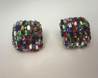Multicolor Rhinestone Square Earrings, Glam Fashion Earrings, Chunky Crystal Stud Earrings