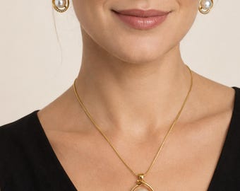 Gold Tone Pearl Jewelry Set, Pearl Necklace and Earrings Set, Bridal Jewelry, Gold Plated Pearl Pendant Set, Elegant Gift for Her