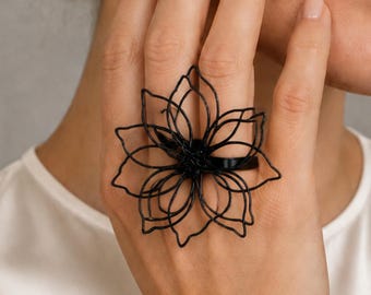 Adjustable Black Flower Statement Ring, Oversized Floral Ring, Modern Wire Flower Ring, Cocktail Ring, Gift for Her