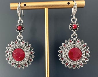 Vintage Bohemian Earrings, Red Crystal Statement Earrings, Retro Fashion Jewelry, Antique Silver Statement Earrings
