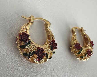 Vintage Rose Hoop Earrings, Gold Floral Hoop Earrings, Red Rose Enamel Earrings, Romantic Botanical Jewelry, Gift for Her