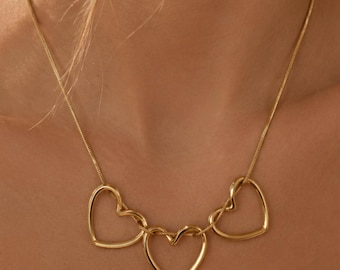 Gold Tone Triple Heart Necklace, Minimalist Heart Pendant Necklace, Modern Statement Necklace, Adjustable Chain, Gift for Her