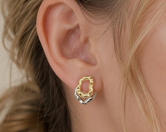 Two Tone Organic Link Stud Earrings, Gold & Silver Statement Earrings, Modern Sculptural Jewelry, Minimalist Earrings, Gift for Her