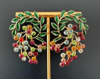 Colorful Crystal Vine Earrings, Green Leaf Statement Earrings, Gold Floral Rhinestone Earrings, Nature Jewelry Gift for Her
