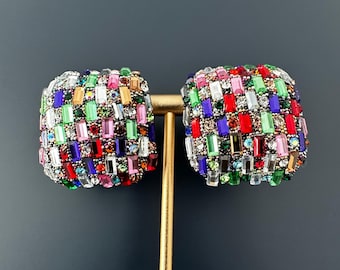 Multicolor Crystal Statement Stud Earrings, Rainbow Rhinestone Earrings, Colorful Square Earrings, Glam Party Jewelry, Gift for Her